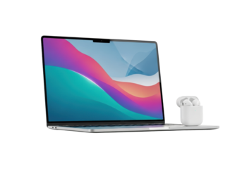 Silver modern laptop with abstract wave wallpaper, sleek silver earbud case, isolated on seamless transparent background, high-key, no shadows, premium tech minimalist design