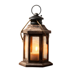 Candle lantern with warm glow, rustic decorative lighting, white isolated background