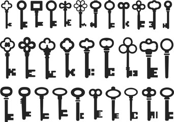 Vintage keys, antique design, ornate patterns, classic shapes, decorative keys, heart bow, clover motif, retro style, silhouette, lock concept, key collection, old