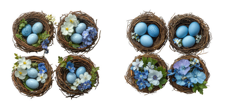 Eight easter egg nest isolated on transparent background the nests are arranged in a grid and are all slightly different, but they all contain blue eggs