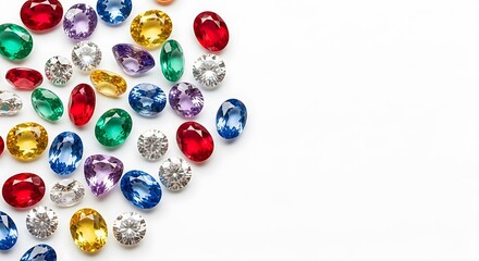 Assortment of Colorful Gemstones Scattered on White Background