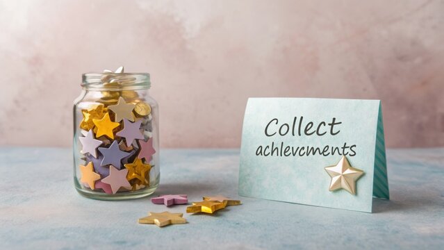 Jar of stars alongside a card collecting achievement goals