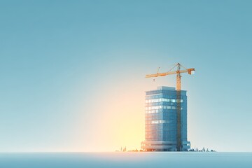 Isolated modern office building with a crane icon, representing construction, development, and growth.