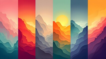 Abstract mountain range landscapes with colorful gradient backgrounds and sun 90