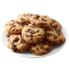 Chocolate chip cookies on plate, delicious homemade dessert, white isolated background
