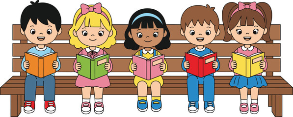 Cartoon children reading books on wooden bench, happy students studying outdoors, diverse kids learning together, cute education illustration, school vector