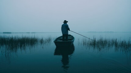 Tranquil Journey on the Water: A lone figure navigates a small boat across a misty lake, using an oar. The scene evokes serenity and solitude. 