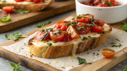 Delicious Bruschetta Appetizer with Fresh Tomatoes, Creamy Cheese, and Aromatic Herbs Served on Wooden Board