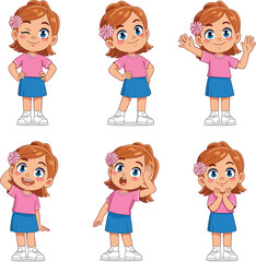 Cartoon little girl character with flower in hair, cute child different poses, happy kid illustration, facial expressions, emotions, vector design