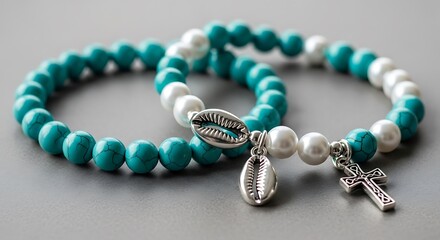 Obraz premium Beaded Bracelets with Shell and Cross Charms beads