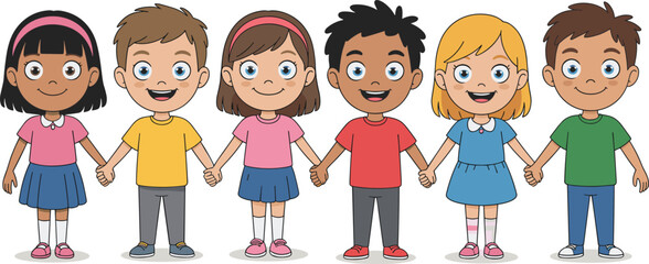 Children holding hands together, happy kids group illustration, cartoon students unity, friendship, teamwork, diversity, fun childhood, school friends, smiling children.