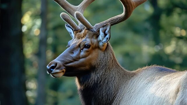 A close-up shot of a deer's head, featuring large and impressive antlers