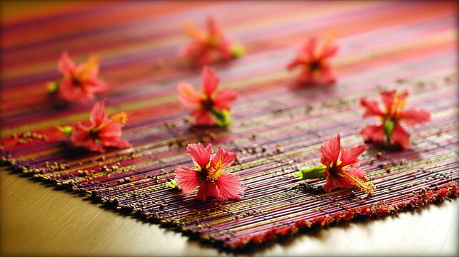 ketupat. Vibrant hibiscus flowers around traditional ketupat weave, warm sunlight and festive mood. event programs, museum guides, designed for cultural heritage projects and event programs.