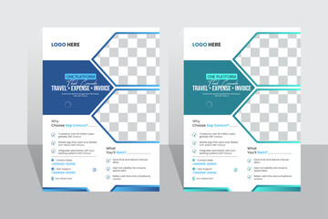 Travel Expense Flyer: A minimalist travel expense flyer, featuring geometric design and placeholders for images, offering a sleek and functional layout for financial management and reporting.