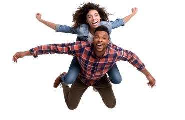 happy young man piggybacking his wife, isolated on a transparent background.