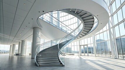 Fototapeta premium Elegant spiral staircase with glass railings in a bright, airy building featuring large windows and minimalist architectural design.