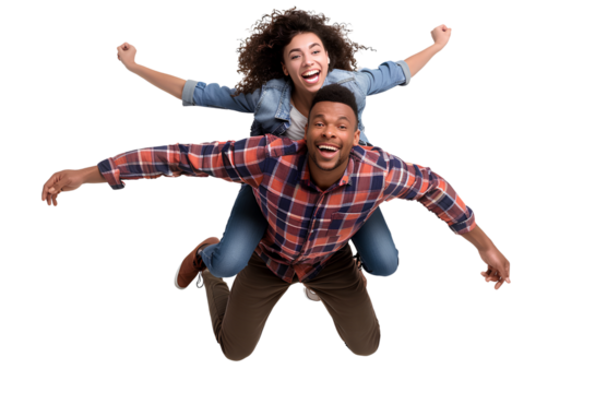 happy young man piggybacking his wife, isolated on a transparent background. - Powered by Adobe