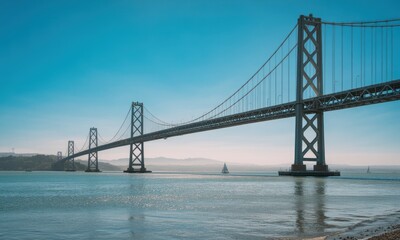 A majestic suspension bridge spans a tranquil bay