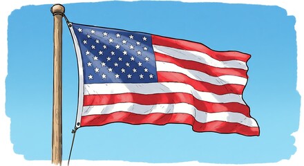 A patriotic American flag with white stars and red stripes is waving against a blue sky, its symbol of freedom attached to a pole
