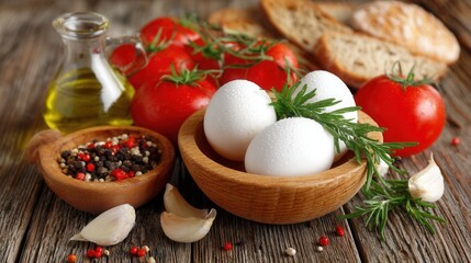 Fresh ingredients for rustic cooking: eggs, tomatoes, bread, herbs, oil, peppercorns