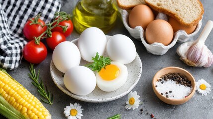 Fresh eggs breakfast setup with tomatoes, bread, herbs