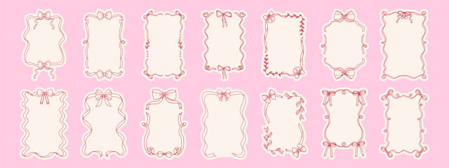 Coquette bow frame set. Hand drawn decorative ribbon borders on pink background.