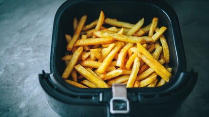 Crispy golden french fries in air fryer basket