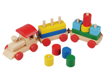 Pristine wooden toy train with vibrant primary colored stacking blocks, red wheels, studio shot, 45-degree angle on seamless transparent, concept of quality toy product