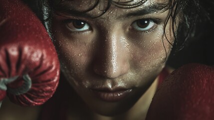 Extreme Close-Up Portrait of a Determined Female Boxer with Red Gloves, Her Face Covered in Sweat and Intense Focus.