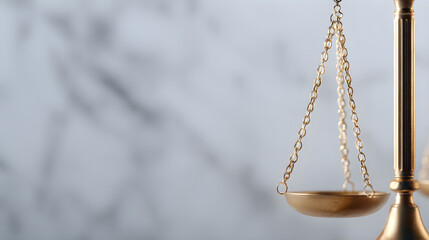 Close up of golden scale balance on white background. Justice and equality legal concept. Law and court symbol for business.