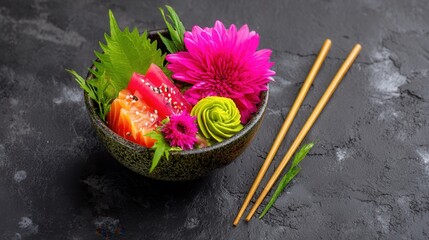 Aesthetic bowl of vibrant fruit flowers with chopsticks on black background