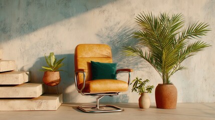Mid-century modern chair in cozy interior with green plants