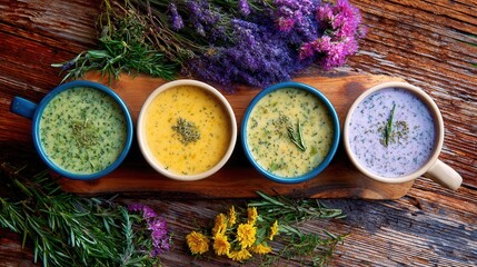 Herbal lattes with vibrant flowers rustic wood background