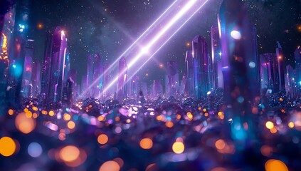 Futuristic city skyline with vibrant purple and blue neon lights and glowing bokeh effects