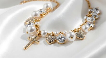 Gold Necklace with Pearls and Charms on White Silk