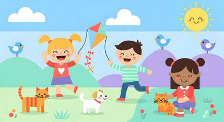Kids Playing Kite, Cartoon Illustration, Happy Children, Animals