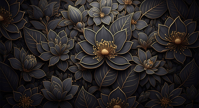 Intricate dark metallic floral pattern with golden accents