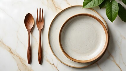 Elegant dining setup with wooden utensils and plates on marble surface top view shot