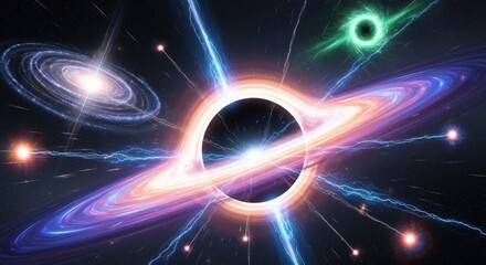 Obraz premium Experience a breathtaking Science Fiction odyssey through the cosmos, where a powerful black hole dramatically warps spacetime, creating a swirling spectacle of celestial energy and distant galaxies