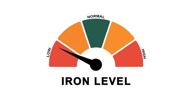 Animated iron level meter moving from low level to normal level, suitable for health, anemia awareness, nutrition, and medical monitoring concepts