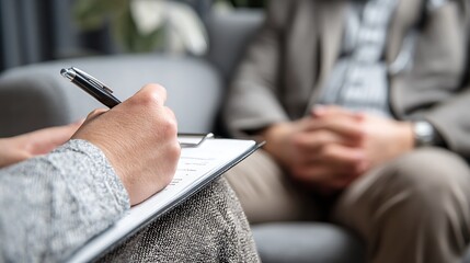 Close-up of patient and psychologist during counseling session. Therapist taking notes on clipboard while listening to patient. Concept of psychotherapy, mental health care, psychological consultation