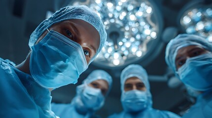 Close-up portrait of female surgeon wearing surgical mask and scrubs in operating room. Intense focused eyes under surgical lights. Concept of healthcare, surgery, precision, professional medical prac