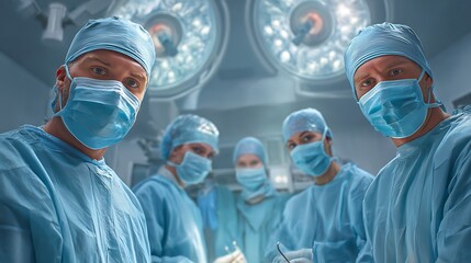 Close-up portrait of female surgeon wearing surgical mask and scrubs in operating room. Intense focused eyes under surgical lights. Concept of healthcare, surgery, precision, professional medical prac