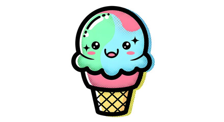 Cute Kawaii Ice Cream Cone Cartoon Illustration, Happy Face