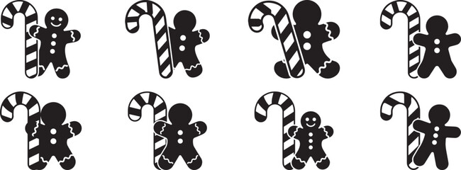 A group of Cute Gingerbread Man silhouette vector, black and white silhouette vector illustration