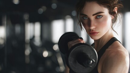 Determined Fit Woman Lifting Dumbbell in Modern Gym – Close Up Portrait