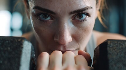 Determined Fit Woman Lifting Dumbbell in Modern Gym – Close Up Portrait