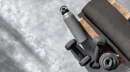 Flat Lay of Fitness Gear with Dumbbells, Yoga Mat and Water Bottle