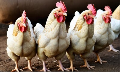 Four White Leghorn Chickens in Sunlight with Red Combs and White Feathers