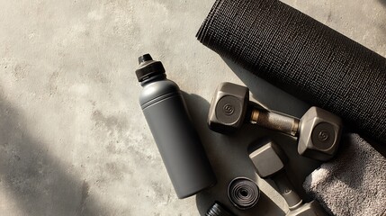 Flat Lay of Fitness Gear with Dumbbells, Yoga Mat and Water Bottle